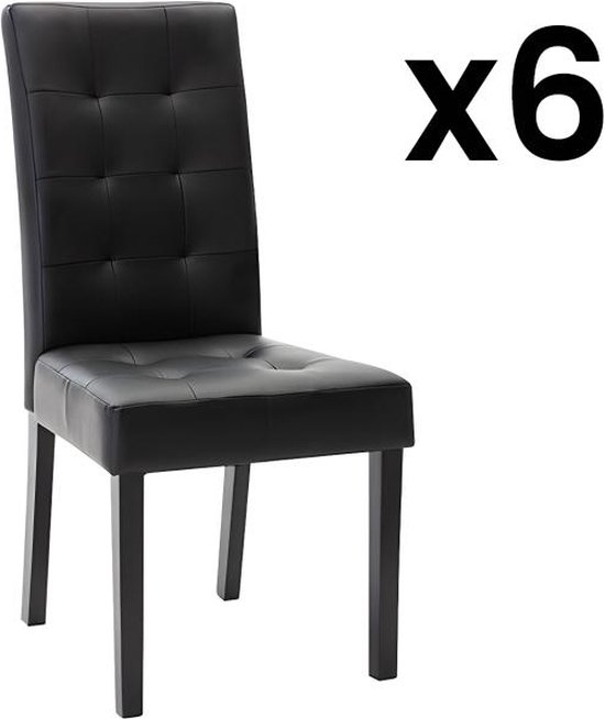 Set van 6 stoelen VILLOSA - Zwart kunstleer - Poten van zwart hout L 48 cm x H 100 cm x D 61 cm