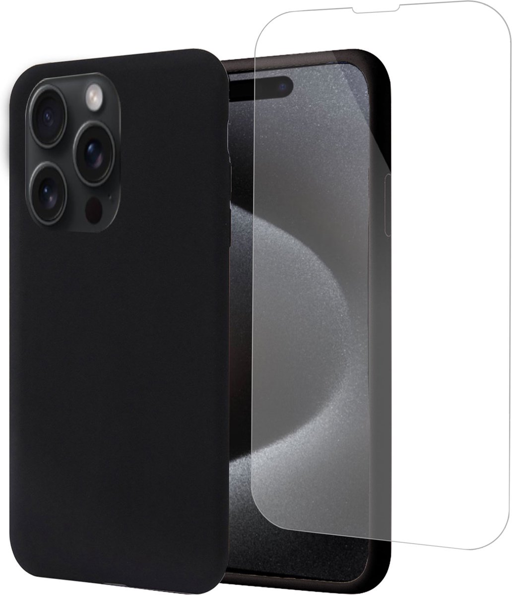 Geschikt voor iPhone 15 Plus Hoesje + Screenprotector – Gehard Glas Cover - Suède Case Zwart
