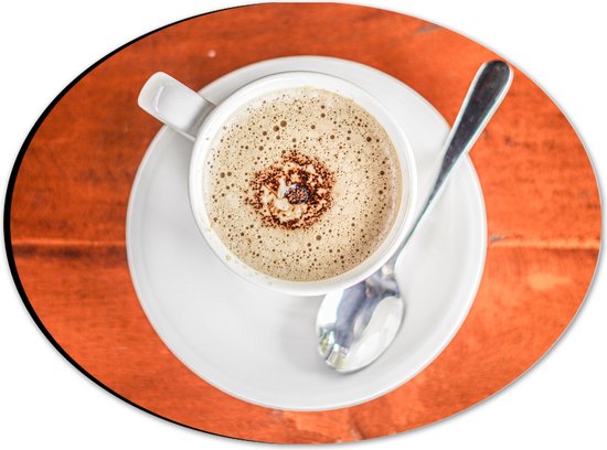 Dibond Ovaal - Bovenaanzicht van Wit Kopje met Koffie op Houten Tafel - 28x21 cm Foto op Ovaal (Met Ophangsysteem)