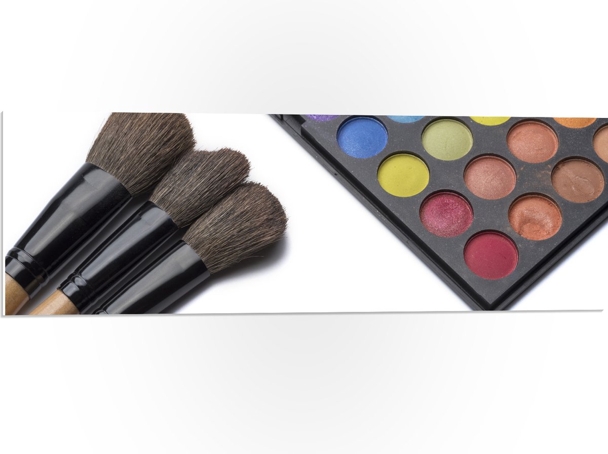 PVC Schuimplaat - Foto van Oogschaduw Kwasten met Kleurrijk Palette - 90x30 cm Foto op PVC Schuimplaat (Met Ophangsysteem)