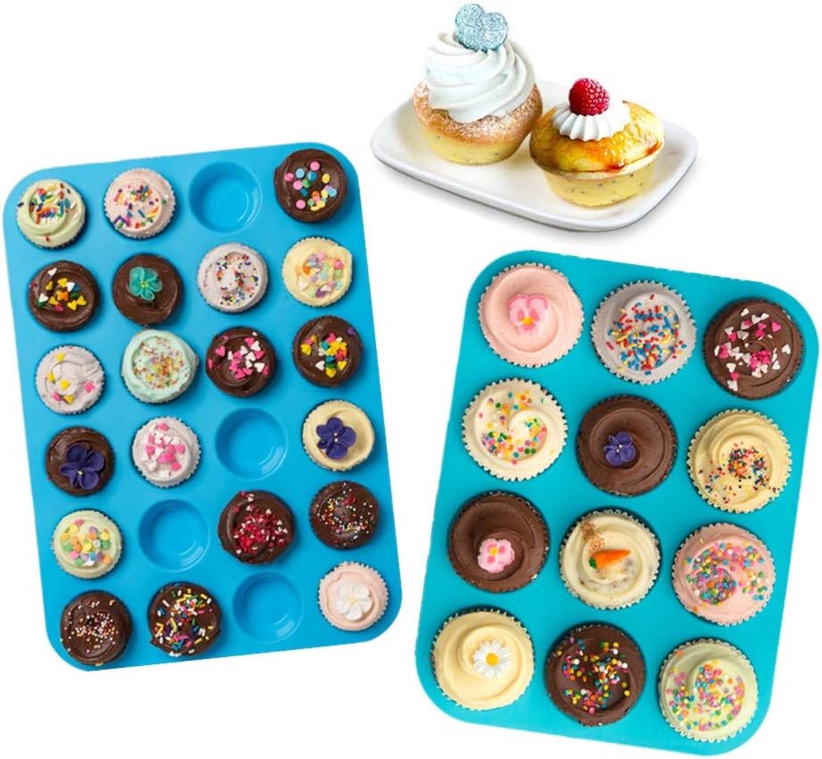 2 stuks siliconen muffinvormen, 12 + 24 cavity BPA-vrije muffin bakvormen met anti-aanbaklaag, bakvormpan voor cupcake, biscuit, bagels en muffins (blauw [12+24])