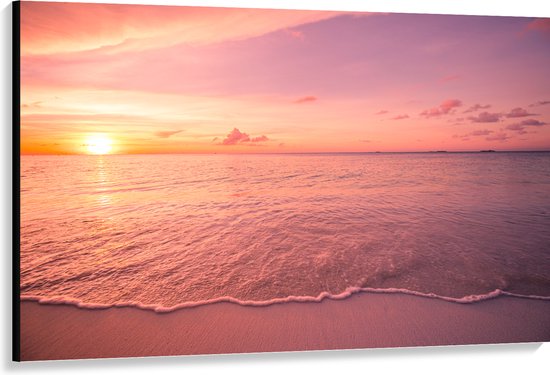 Canvas - Zon Zakkend in de Zee onder Rozekleurige Lucht - 150x100 cm Foto op Canvas Schilderij (Wanddecoratie op Canvas)