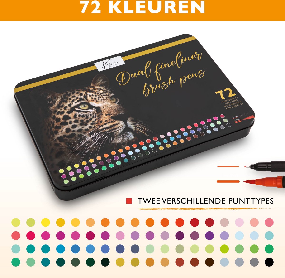 Nassau Fine Art Set van 72 Dual Brush Pens en Fineliners 0,4 mm – Dubbelzijdige Kleurstiften voor Handlettering, Bullet Journaling en Tekenen – Inclusief Metalen Opbergdoos – Multicolor — afbeelding 6