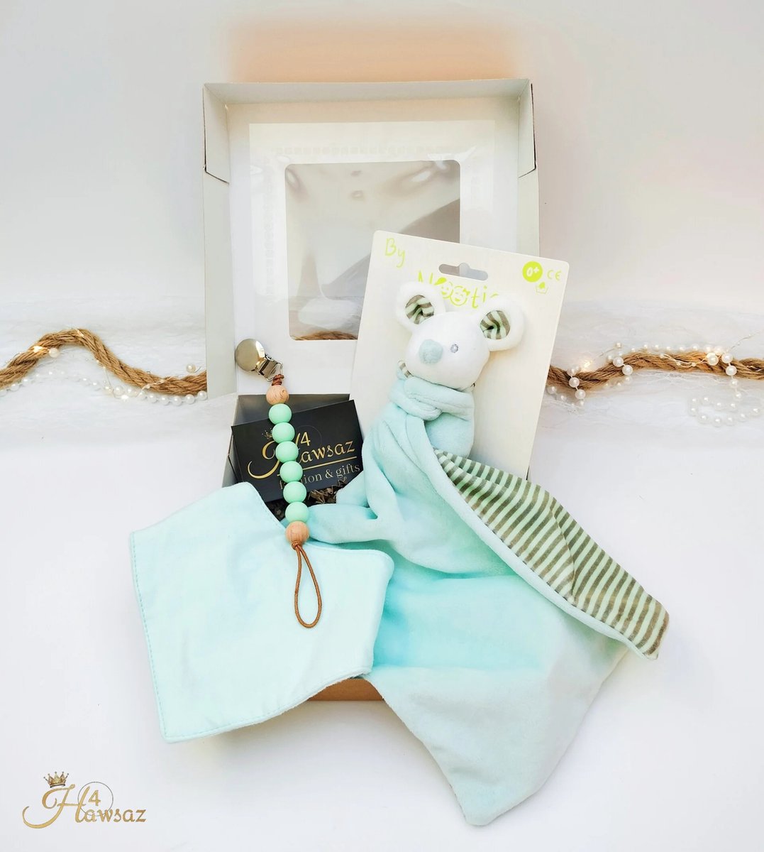 Goedkoopste Babygeschenkset - Genderneutraal Kraamcadeau -Hawsaz.nl cadeau - Babyverzorging - Speenkoord - Baby cadeaubox - Knuffel - kraamcadeaus - Gepersonaliseerde cadeaus - Baby knuffel doekje - Geboortecadeau - Baby set