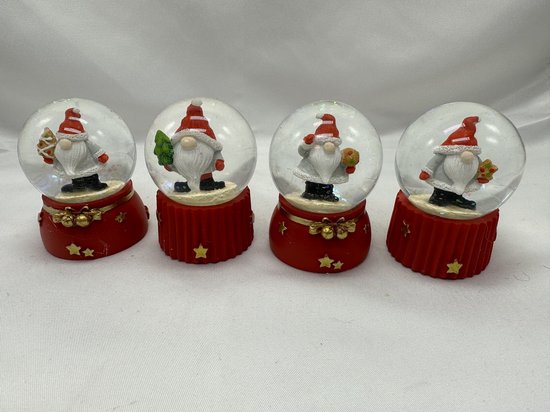 Decoratieve set van 4 glitterbollen met Kerstman - Kerstboom bruin /Kerstboom groen/Kerstbal en Kerstster - Hoogte 6.5 x dia 5 cm - Polyresin + Glazen bol - Kerstdecoratie - Kerstversiering - Woonaccessoires