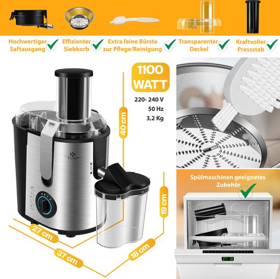KESSER® Slowjuicer - Sapcentrifuge voor Fruit en Groenten 1100W Sap Juicer met 2000ml Pulpcontainer en 1000ml sapreservoir - Zilver / Zilver — afbeelding 4