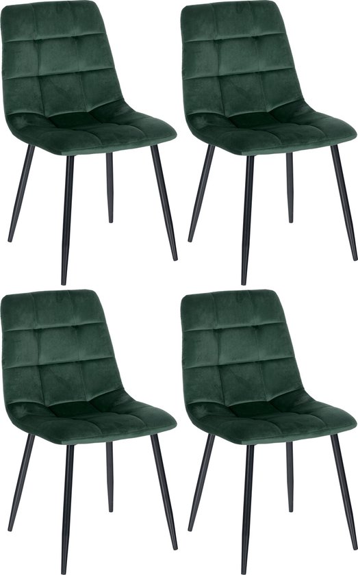CLP Antibes Set de 4 chaises de salle à manger - Sans accoudoirs - Velours - vert