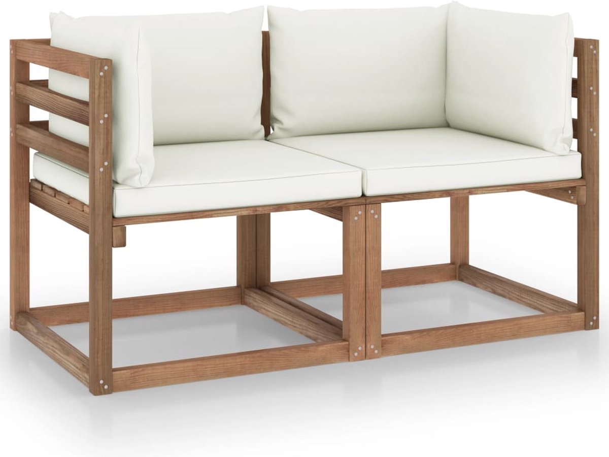 The Living Store Tuinbank 2-zits pallet met crèmewitte kussens grenenhout - Hoekbank - Palletbank - Buitentijd - Tuinbank - Lounge Set