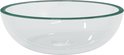 Lavabo ovale en verre transparent avec un bord fin teinté en vert.