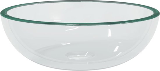 Lavabo ovale en verre transparent avec un bord fin teinté en vert.