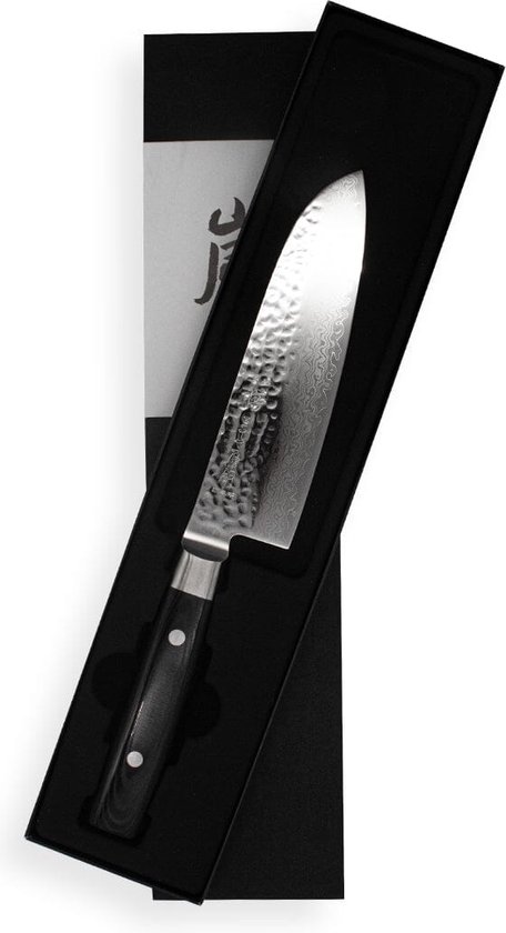 Yaxell Japonais - Série Zen - Couteau de Chef Santoku - Acier VG-10 - 61 HRC - Lame 16,5 cm - Acier Damas 37 Couches - Manche Toile-Micarta
