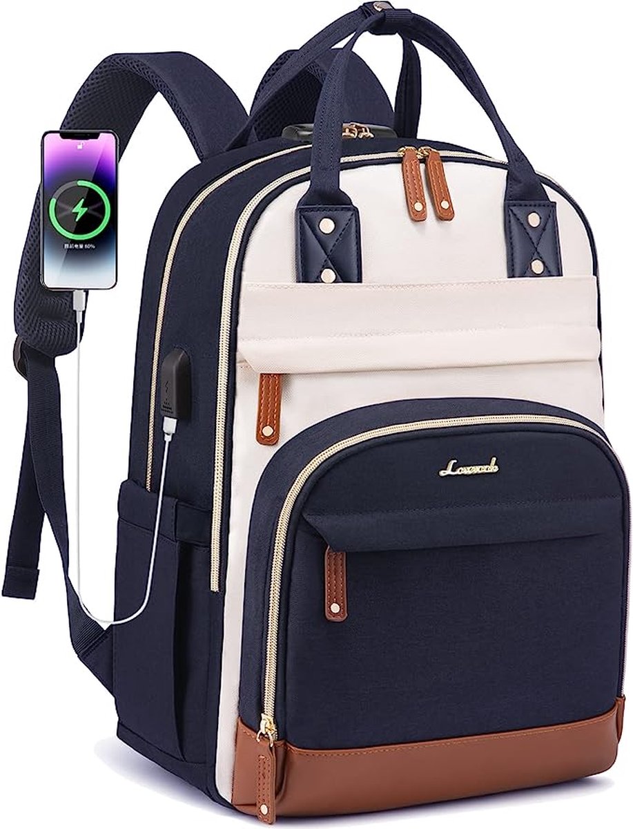 SHOP YOLO - Rugzak voor dames - anti-diefstal rugzak met laptopvak voor - 15.6 inch - beige,blauw