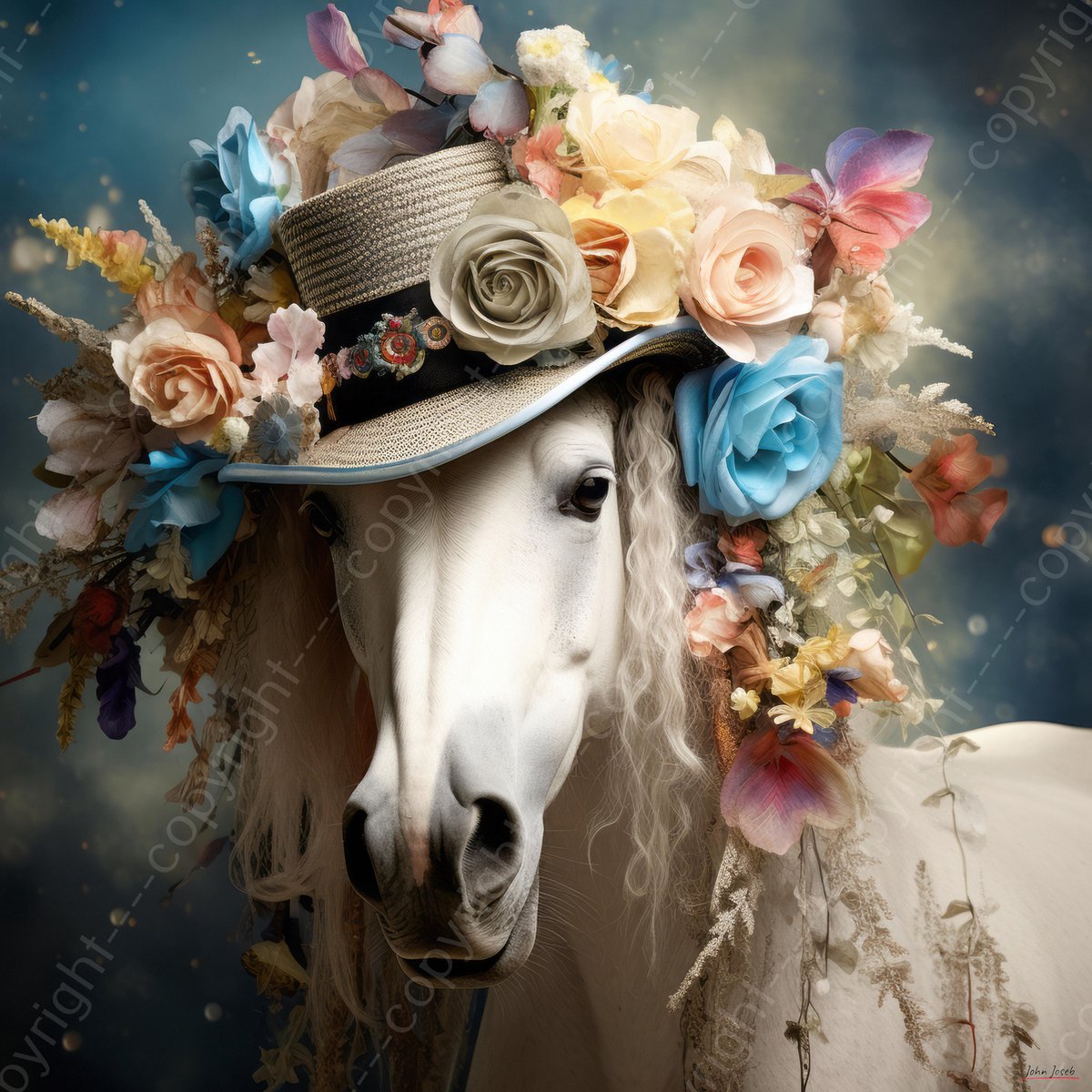 JJ-Art (Aluminium) 60x60 | Paard met hoed en bloemen, hippie stijl, kunst,  rood,... | bol.com