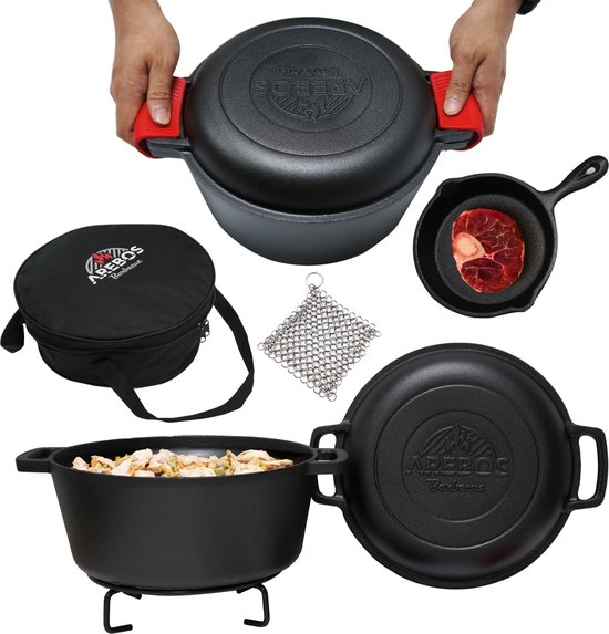 AREBOS Dutch Oven - Set - 2in1 - Pan Gietijzer - Skillet Gietijzer - Pan BBQ - Outdoor Kookset - 26 cm