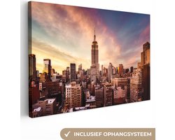 Canvas schilderij - Skyline - Architectuur - Zonsondergang - Empire State Building - Foto op canvas - 90x60 cm - Canvasdoek - Schilderijen op canvas
