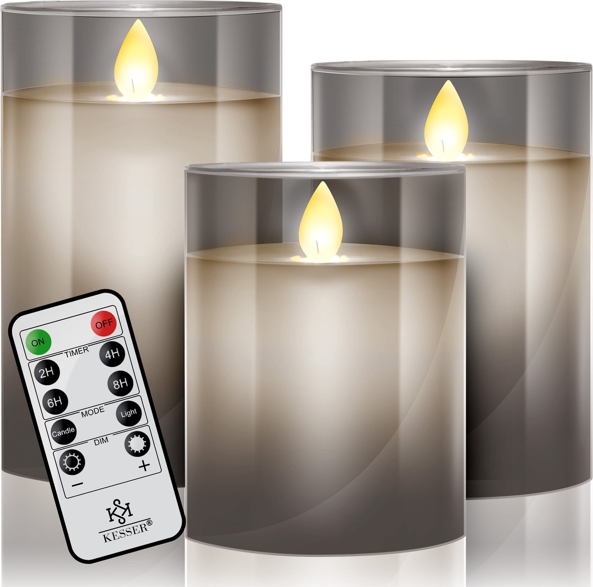 KESSER® Oplaadbare LED Kaarsen Set van 3 Kaarsen met Afstandsbediening Timer Dimmer LED Waxinelichtje met bewegende Vlam flikkerend LED Waxinekaarsjes Glas Deco 10cm, 12,5cm, 15cm Kaarjes - Grijs