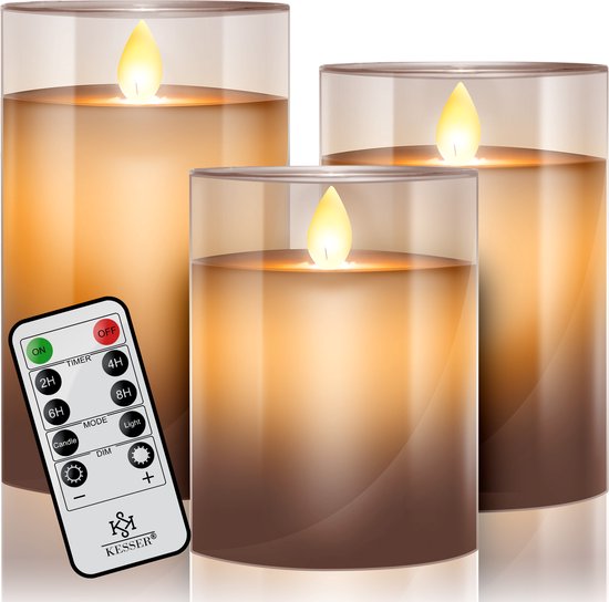 KESSER® Oplaadbare LED Kaarsen Set Van 3 Met Afstandsbediening Waxinelichtje Bewegende Vlam Flikkerend Timer Dimmer Glas Waxinekaarsjes 10cm 12 5cm 15cm Kaarjes 662242384