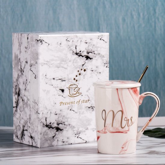 Set de 2 Mugs - Ensemble de mugs - Mug couple - Mug à café - Tasse à café - Tasse - Mugs et tasses - Tasse avec cuillère et couvercle - 400 ml - Céramique - Monsieur/Mme. - Blauw/rose