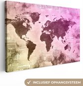 Canvas Wereldkaart - 90x60 - Wanddecoratie Wereldkaart - Geel - Paars