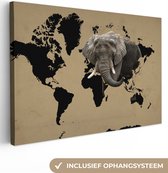 Canvas Wereldkaart - 30x20 - Wanddecoratie Wereldkaart - Zwart - Olifant