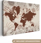 Canvas Wereldkaart - 60x40 - Wanddecoratie Wereldkaart - Bloemen - Rood