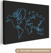 Canvas Wereldkaart - 30x20 - Wanddecoratie Wereldkaart - Topografie - Blauw