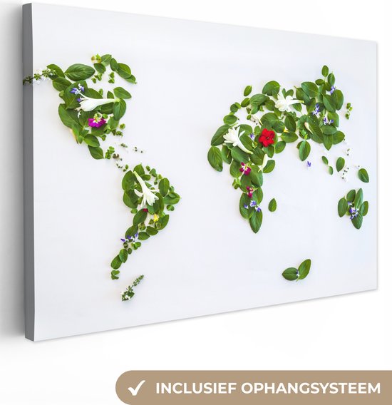 Canvas Wereldkaart - 30x20 - Wanddecoratie Wereldkaart - Bloemen - Kleuren