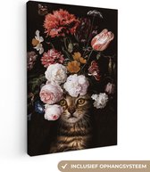Schilderij kat - Bloemen - Zwart - Katten schilderij - Foto op canvas schilderij - Wanddecoratie - 90x140 cm