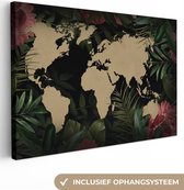 Canvas Wereldkaart - 60x40 - Wanddecoratie Wereldkaart - Bloemen - Tropische Planten