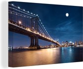 Canvas Schilderij New York - Brooklyn Bridge - Maan - 90x60 cm - Wanddecoratie