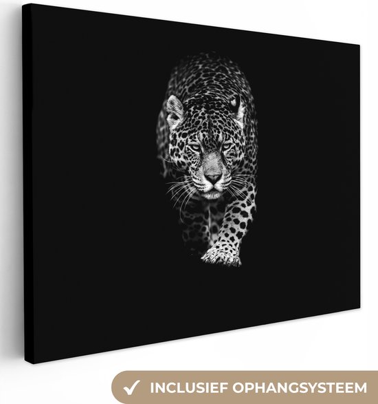 Canvas - Wilde dieren - Luipaard - Natuur - Zwart - Wit - Schilderijen op canvas - 120x90 cm - Muurdecoratie - Canvasdoek