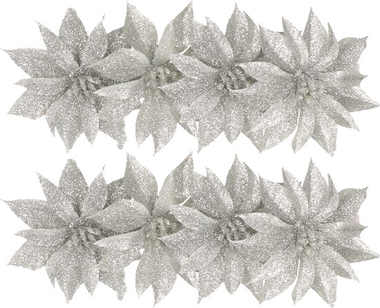 Kerstboom bloemen op clip - 9,5 cm - 8x stuks - glitter zilver - kunststof