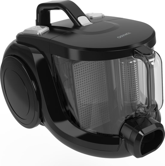 Aspirateur noir avec réservoir à poussière transparent, vu de face gauche.