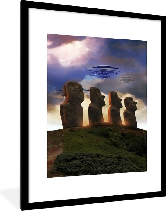 Photo en cadre - Une illustration d'un OVNI au dessus du cadre photo de l'île de Pâques noir avec passe-partout blanc 60x80 cm - Affiche sous cadre (Décoration murale salon / chambre)