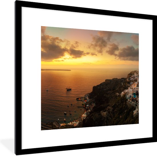 Fotolijst incl. Poster - Het vissersdorp Santorini Griekenland bij zonsondergang - 40x40 cm - Posterlijst