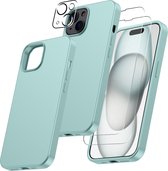 Hoesje Geschikt voor iPhone 15 Plus– Zacht siliconen liquid backcover met 2x screenprotector gehard glas en 1x lens protector – Mint Groen