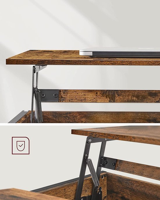 Table Basse Rectangulaire Réglable En Hauteur - Rangement Ouvert Et Caché - Vintage Marron/noir - 100x50x48-62 Cm - 8
