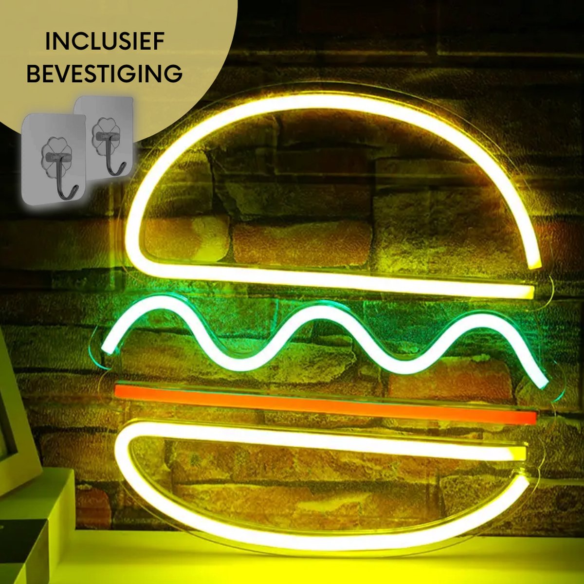 ZoeZo Design - Neon LED lamp Hamburger - Burger - Geel - Rood - Groen - Decoratie - USB - Sfeerverlichting - Wandlamp - Neon Verlichting