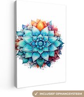 Canvas Schilderij Mandala - Blauw - Bloemen - Wit - 40x60 cm - Wanddecoratie
