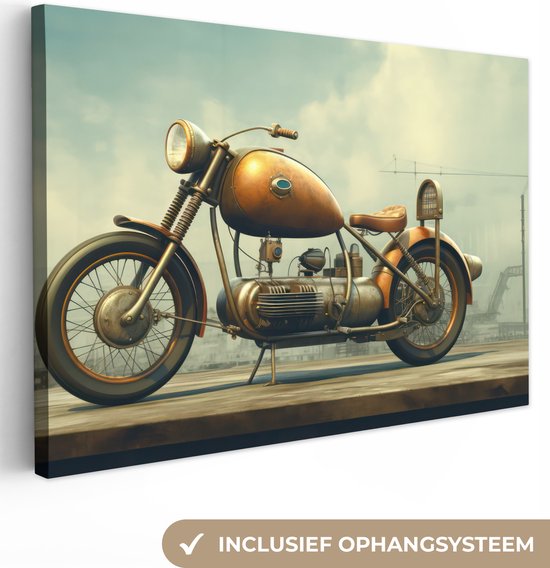 Canvas Schilderij Motor - Bike - Bruin - Vintage - 120x80 cm - Wanddecoratie