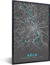 Fotolijst incl. Poster - Duitsland – Blauw – Köln – Stadskaart – Kaart – Plattegrond - 60x90 cm - Posterlijst