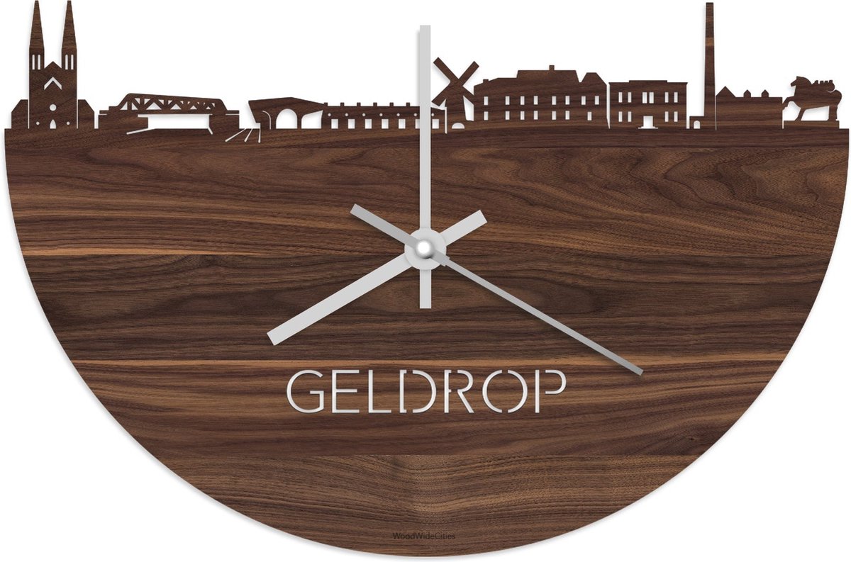 Skyline Klok Geldrop Notenhout - Ø 40 cm - Stil uurwerk - Wanddecoratie - Meer steden beschikbaar - Woonkamer idee - Woondecoratie - City Art - Steden kunst - Cadeau voor hem - Cadeau voor haar - Jubileum - Trouwerij - Housewarming - WoodWideCities