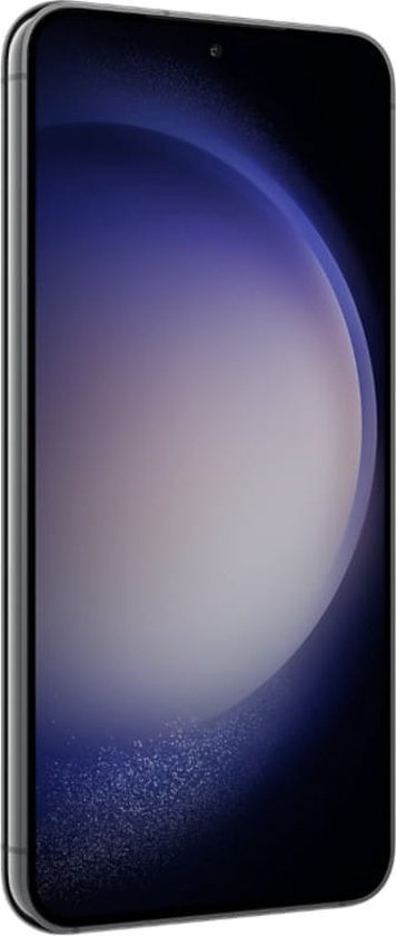 Donkergrijze Samsung Galaxy S23+ smartphone, zijaanzicht, met een blauwpaars scherm.