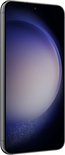 Donkergrijze Samsung Galaxy S23+ smartphone, zijaanzicht, met een blauwpaars scherm.