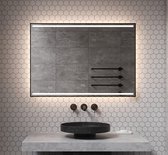 Badkamerspiegel met directe en indirecte verlichting, verwarming, instelbare lichtkleur, dimfunctie en mat zwart frame 100x70 cm
