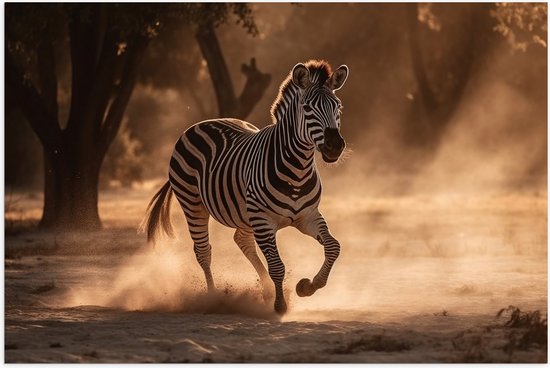 Poster Glanzend – Rennende Zebra in Landschap - 120x80 cm Foto op Posterpapier met Glanzende Afwerking