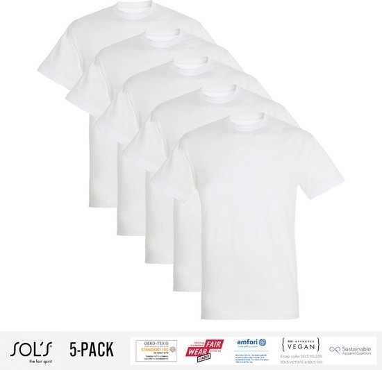 5 Pack Sol's Heren T-Shirt 100% biologisch katoen Ronde hals Wit Maat L