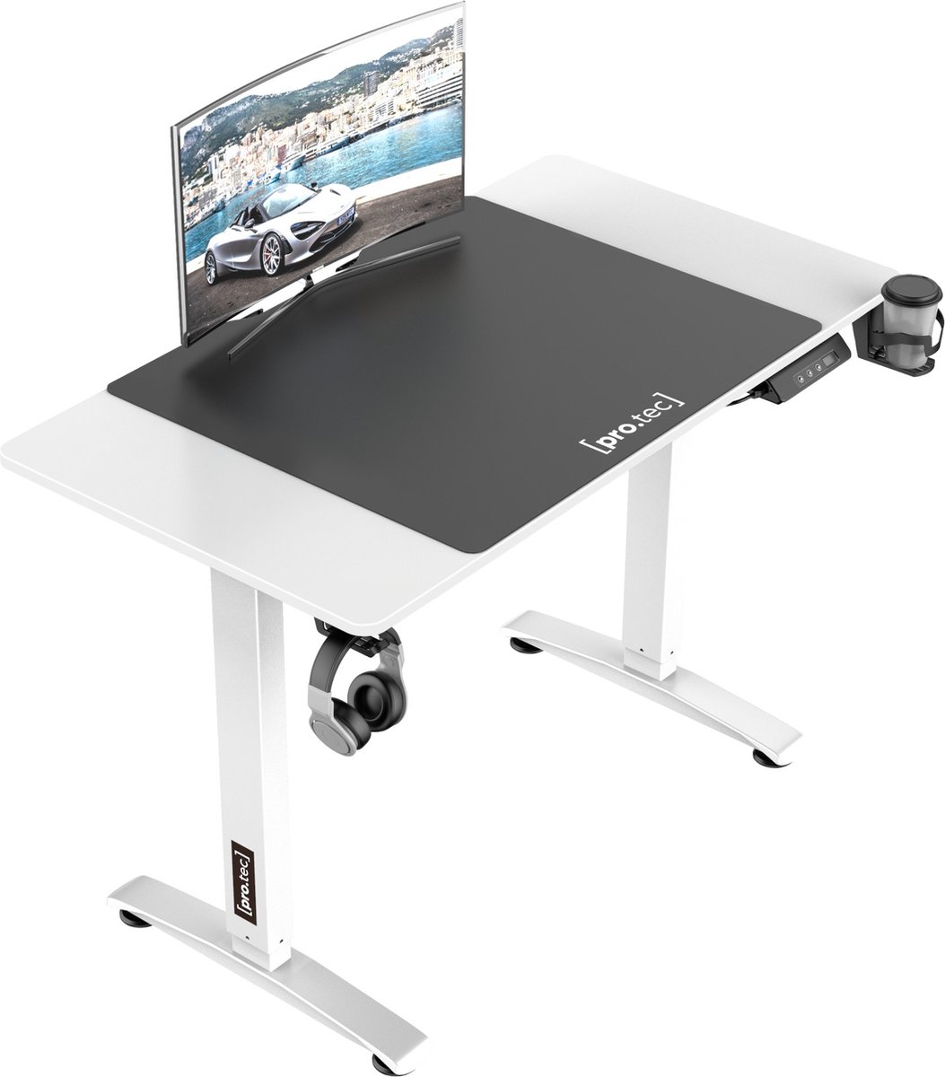 Game Desk Franklyn - Zit Sta Bureau - Elektrisch In Hoogte Verstelbaar - Wit en Zwart - Spaanplaat en Aluminium - Modern Design