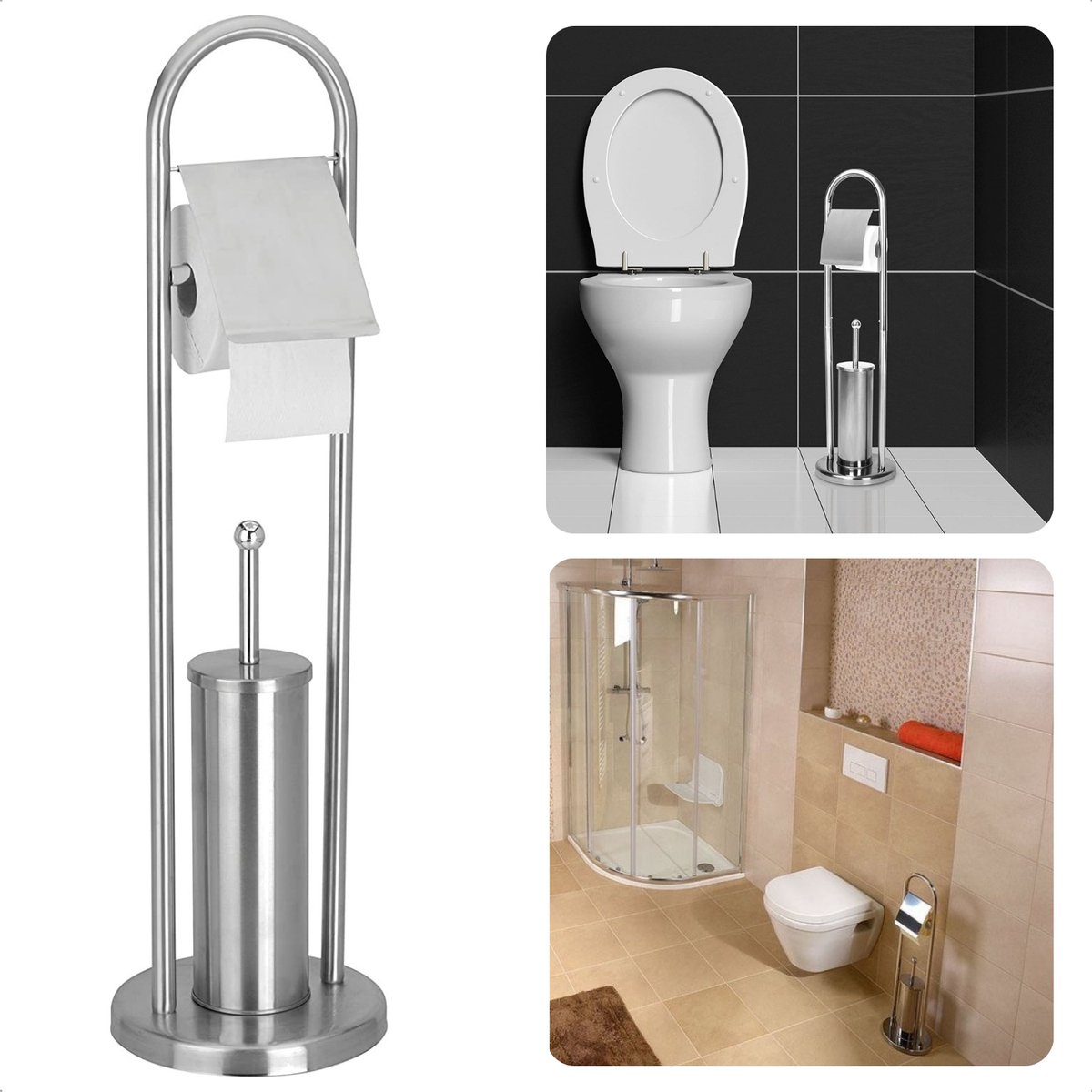 Cheqo® Toiletrolhouder met Toiletborstel - Rolhouder Staand - RVS-Glanzend - Staande Toiletset - 80cm Hoogte - Perfect voor Badkamer en Toilet