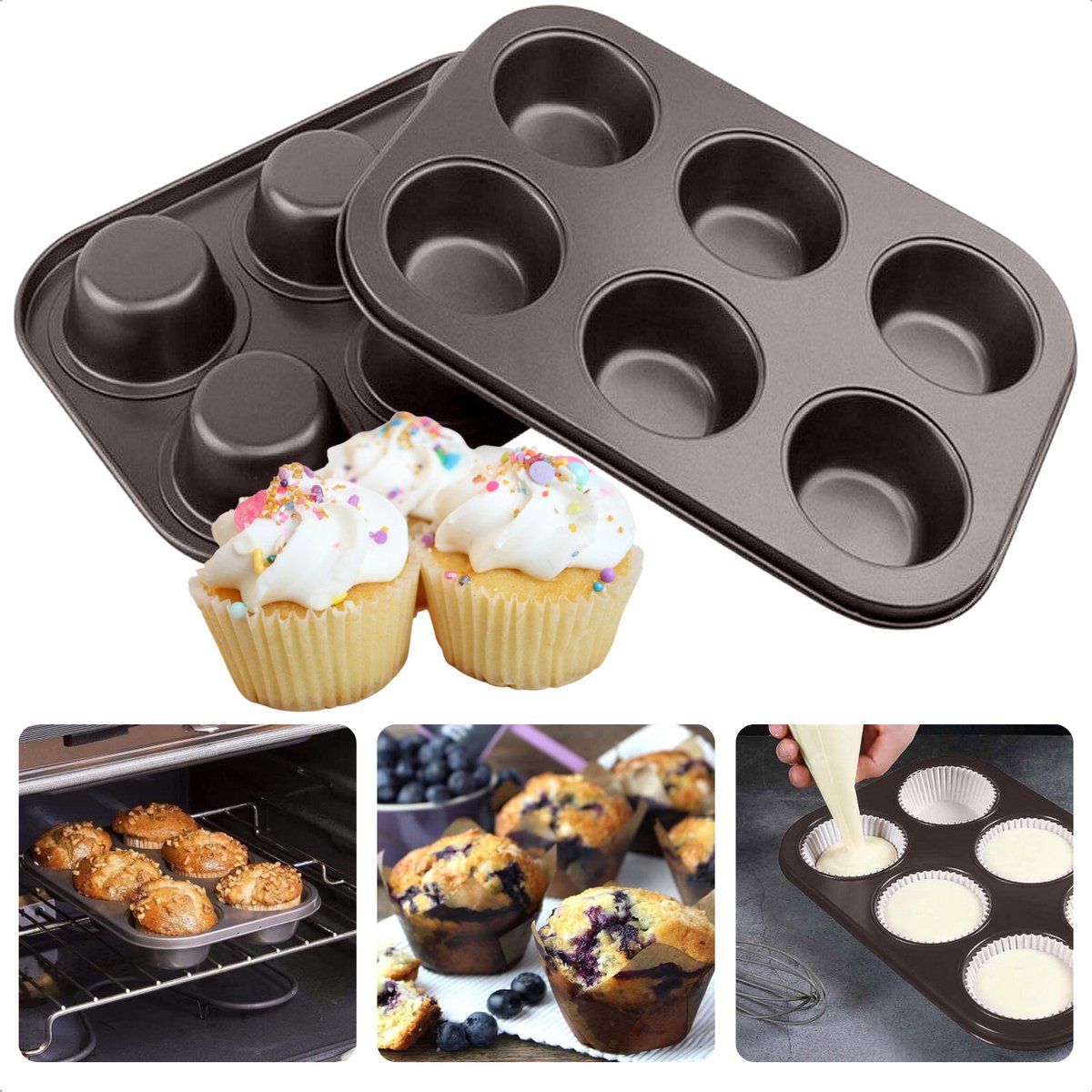 Cheqo® Cupcakevorm - Muffinbakvorm - Muffinvorm - Muffin Bakvorm Set 2 stuks - 26,5x18,5x3cm - Koolstofstaal - Non-Stick - Krasvast - 12 Cupcakevormpjes